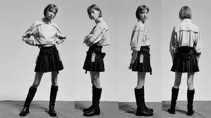 fashion lookbook turnaround sheet of one young woman, the same model shown four times — front, three-quarter, side, back — short tousled terracotta clay-orange hair, calm curious expression, wearing a technical…