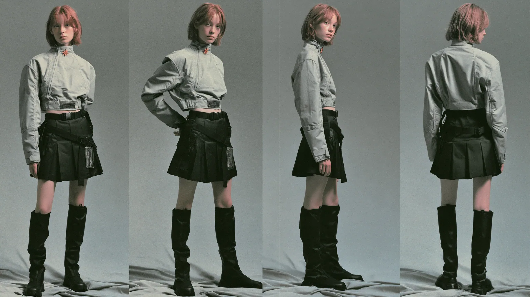 fashion lookbook turnaround sheet of one young woman, the same model shown four times — front, three-quarter, side, back — short tousled terracotta clay-orange hair, calm curious expression, wearing a technical…