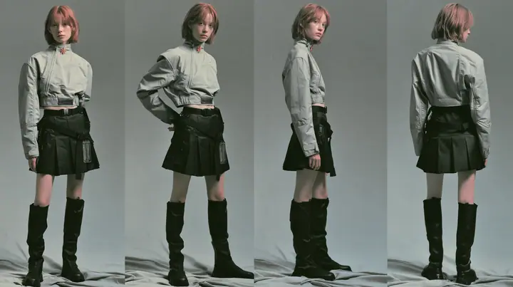 fashion lookbook turnaround sheet of one young woman, the same model shown four times — front, three-quarter, side, back — short tousled terracotta clay-orange hair, calm curious expression, wearing a technical…