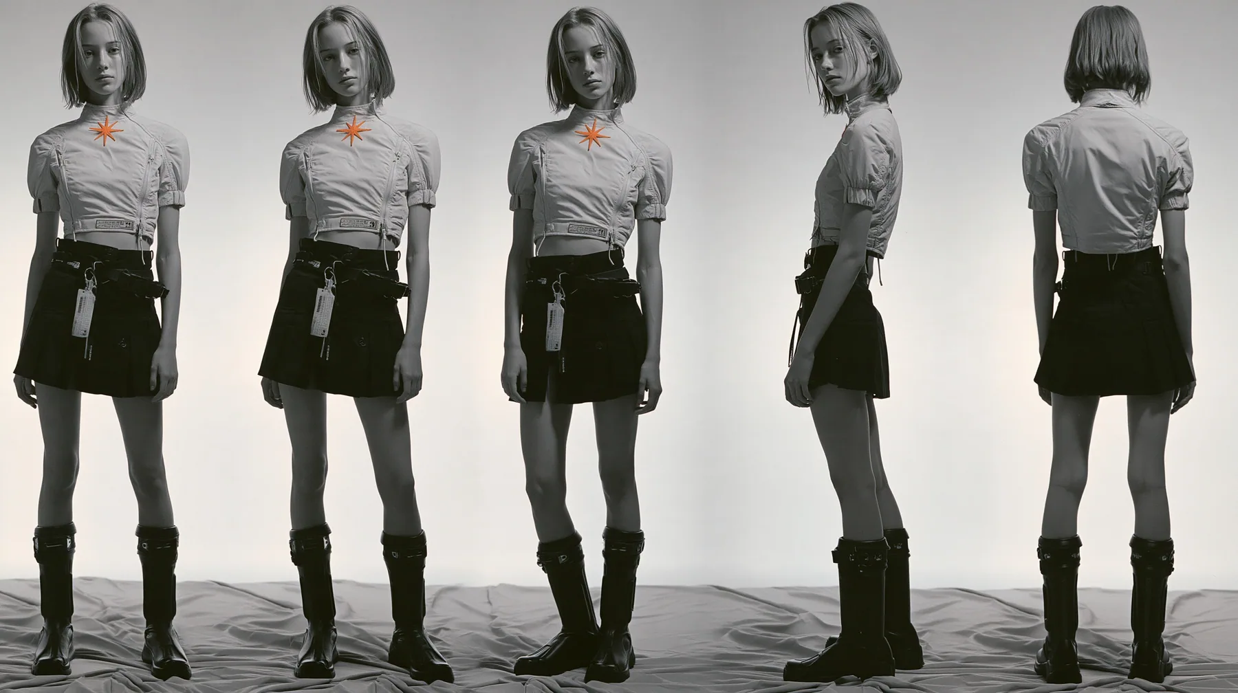 fashion lookbook turnaround sheet of one young woman, the same model shown four times — front, three-quarter, side, back — short tousled terracotta clay-orange hair, calm curious expression, wearing a technical…