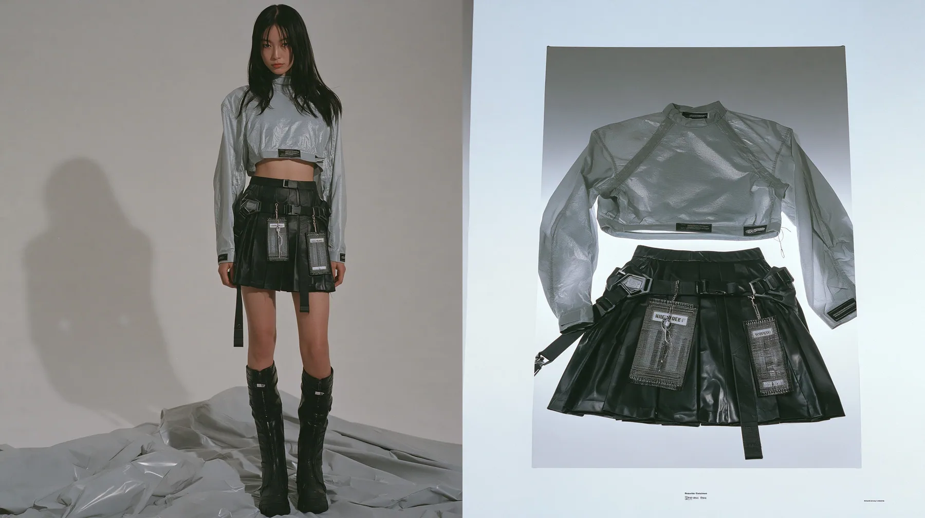 two-page techwear lookbook spread: on the left a full-length photograph of a young woman in a technical cropped shell top in pale grey ripstop with taped seams and a woven label at the hem, high-waisted pleated…