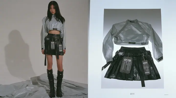 two-page techwear lookbook spread: on the left a full-length photograph of a young woman in a technical cropped shell top in pale grey ripstop with taped seams and a woven label at the hem, high-waisted pleated…