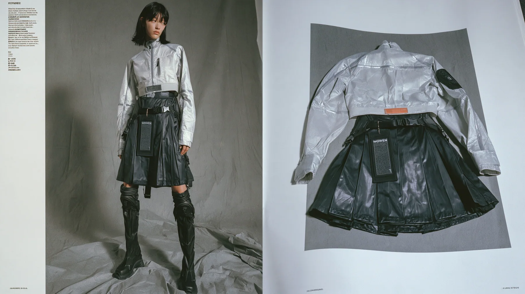 two-page techwear lookbook spread: on the left a full-length photograph of a young woman in a technical cropped shell top in pale grey ripstop with taped seams and a woven label at the hem, high-waisted pleated…