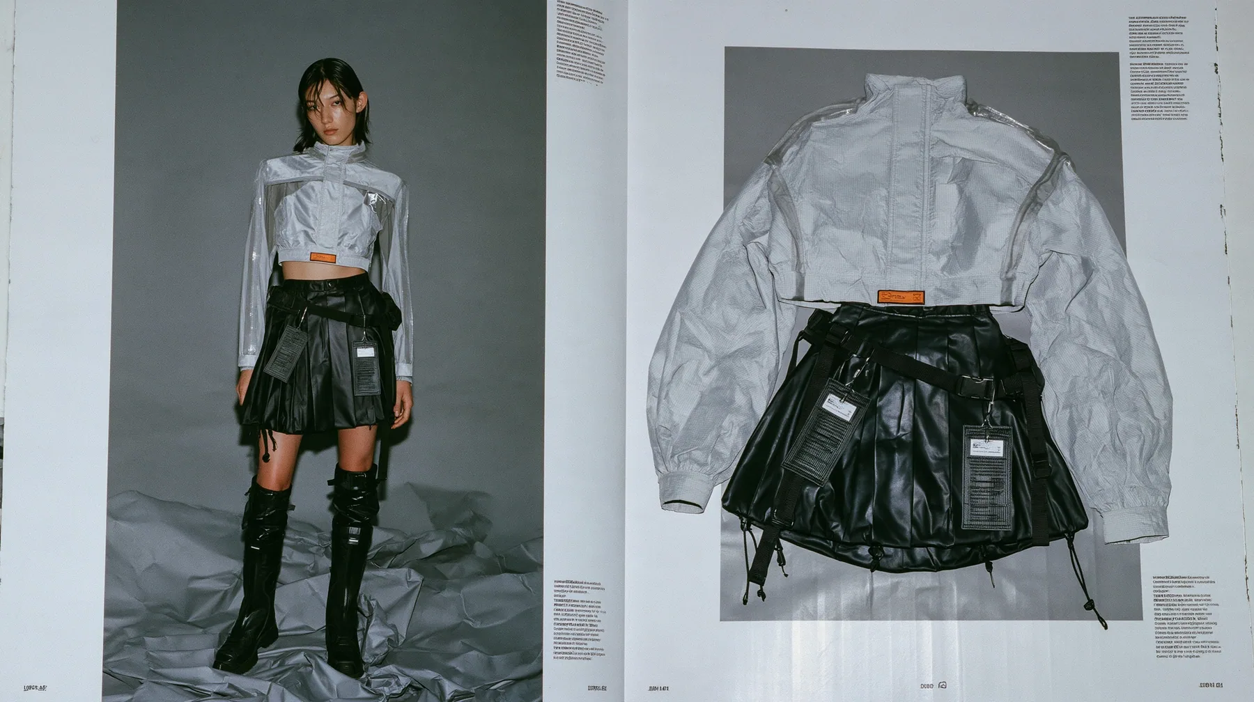 two-page techwear lookbook spread: on the left a full-length photograph of a young woman in a technical cropped shell top in pale grey ripstop with taped seams and a woven label at the hem, high-waisted pleated…