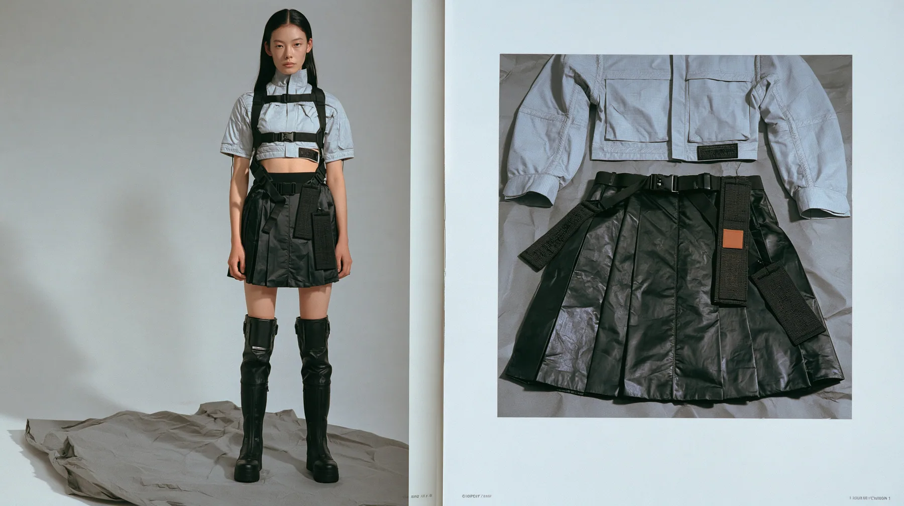 two-page techwear lookbook spread: on the left a full-length photograph of a young woman in a technical cropped shell top in pale grey ripstop with taped seams and a woven label at the hem, high-waisted pleated…