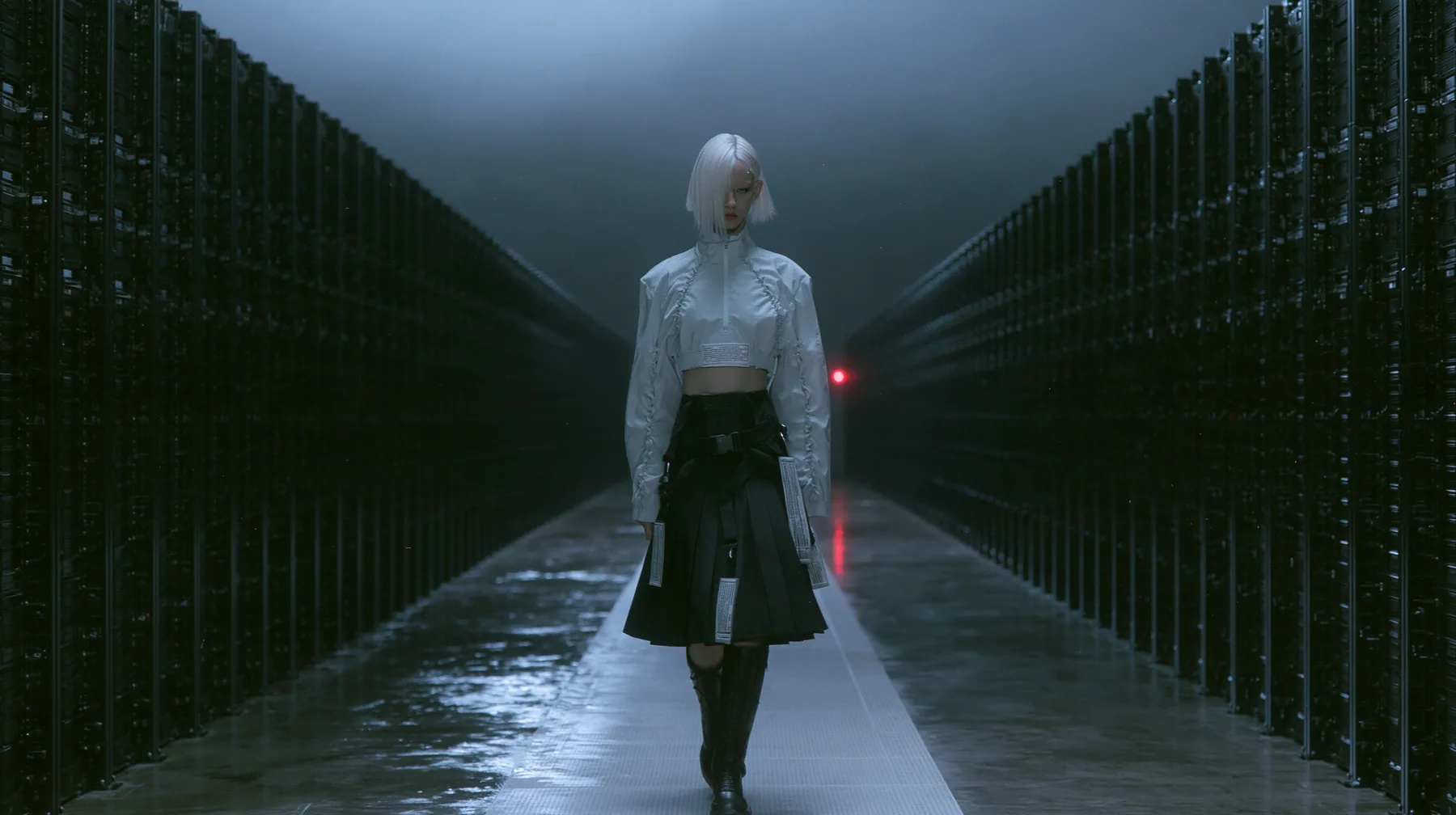 a young woman walking straight toward the camera down a long narrow catwalk of wet concrete inside a vast brutalist data hall, endless dark server towers receding into fog on both sides, a sharp platinum-white…