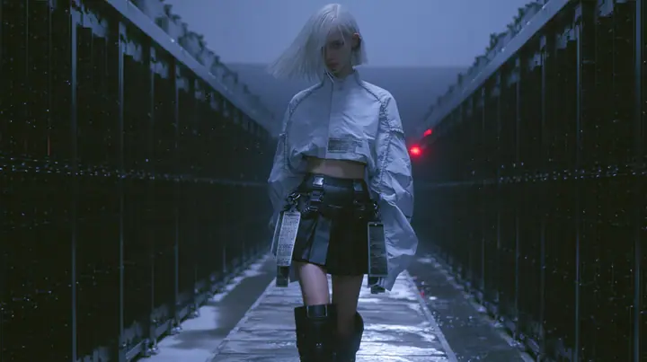 a young woman walking straight toward the camera down a long narrow catwalk of wet concrete inside a vast brutalist data hall, endless dark server towers receding into fog on both sides, a sharp platinum-white…