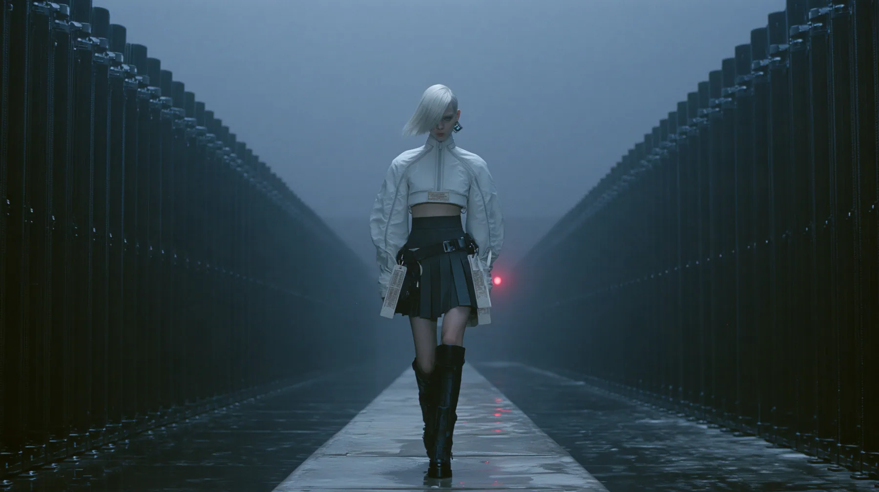 a young woman walking straight toward the camera down a long narrow catwalk of wet concrete inside a vast brutalist data hall, endless dark server towers receding into fog on both sides, a sharp platinum-white…