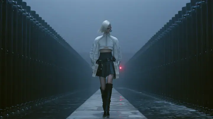 a young woman walking straight toward the camera down a long narrow catwalk of wet concrete inside a vast brutalist data hall, endless dark server towers receding into fog on both sides, a sharp platinum-white…