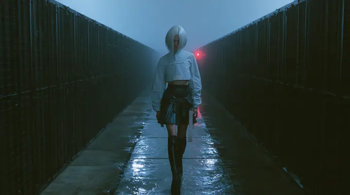 a young woman walking straight toward the camera down a long narrow catwalk of wet concrete inside a vast brutalist data hall, endless dark server towers receding into fog on both sides, a sharp platinum-white…