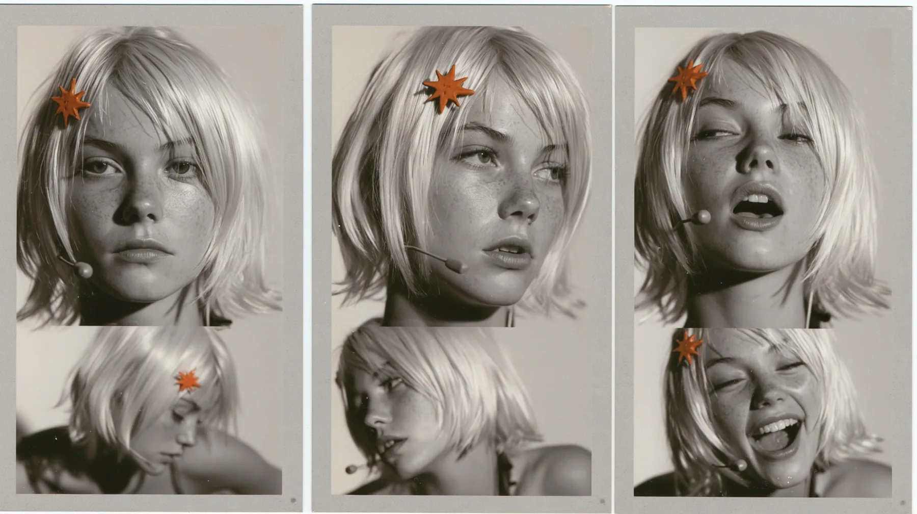 character expression sheet of one young woman, six head-and-shoulders portraits in a grid — neutral, faint smile, singing with open mouth, eyes closed, looking over shoulder, laughing — a sharp platinum-white…