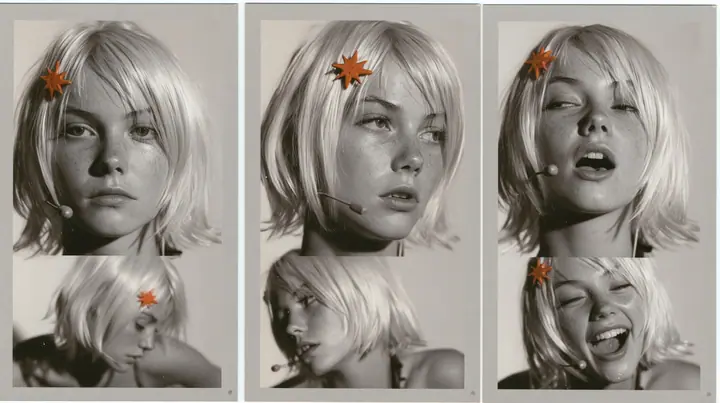character expression sheet of one young woman, six head-and-shoulders portraits in a grid — neutral, faint smile, singing with open mouth, eyes closed, looking over shoulder, laughing — a sharp platinum-white…
