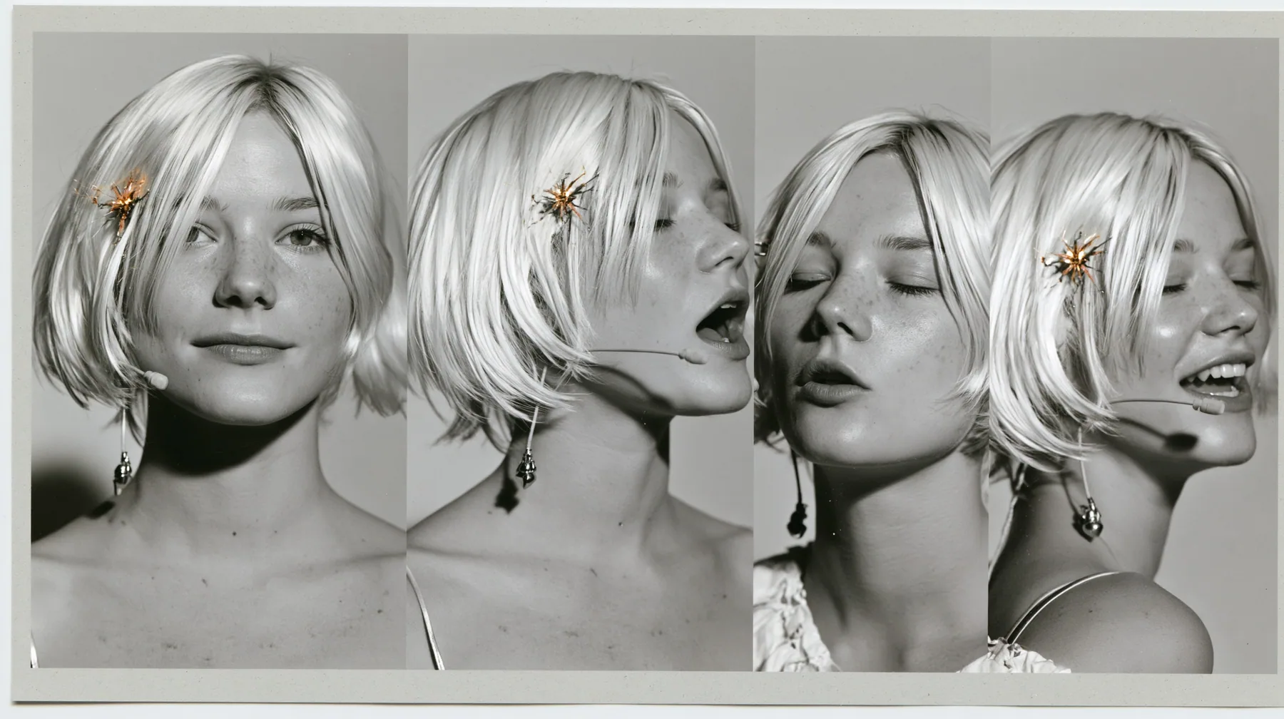 character expression sheet of one young woman, six head-and-shoulders portraits in a grid — neutral, faint smile, singing with open mouth, eyes closed, looking over shoulder, laughing — a sharp platinum-white…
