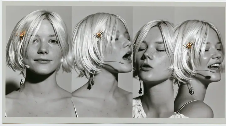 character expression sheet of one young woman, six head-and-shoulders portraits in a grid — neutral, faint smile, singing with open mouth, eyes closed, looking over shoulder, laughing — a sharp platinum-white…