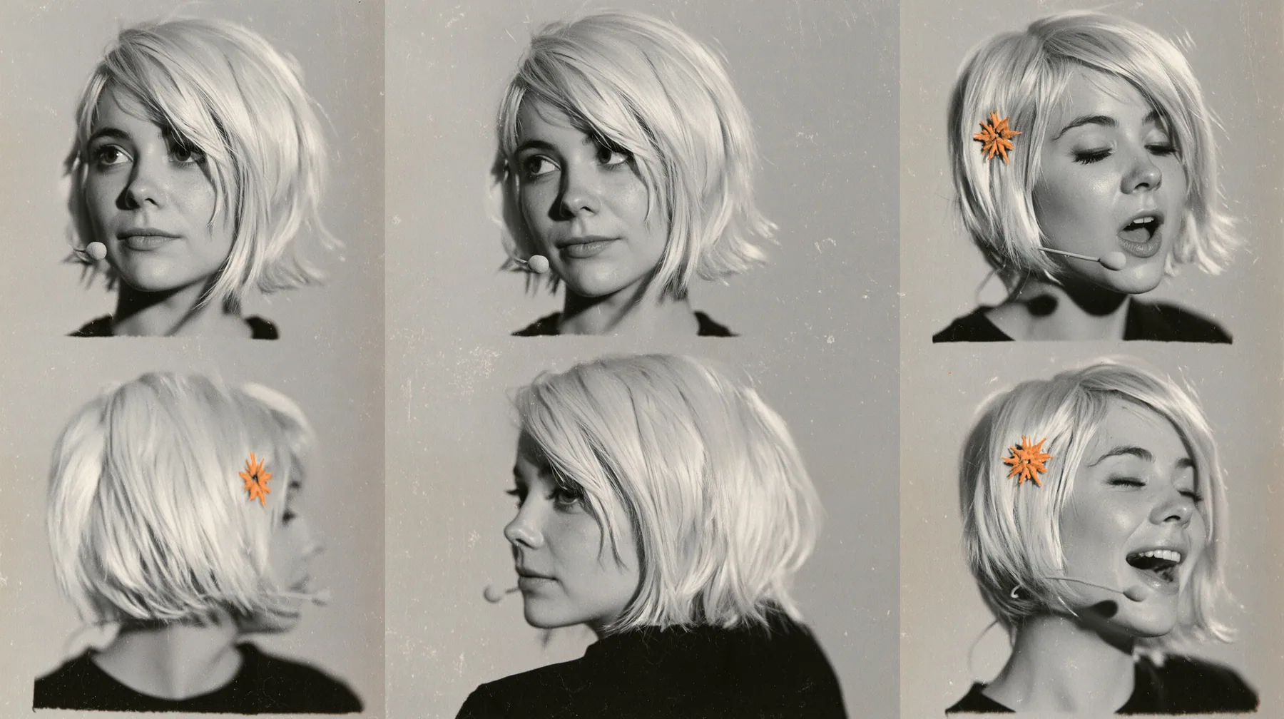character expression sheet of one young woman, six head-and-shoulders portraits in a grid — neutral, faint smile, singing with open mouth, eyes closed, looking over shoulder, laughing — a sharp platinum-white…