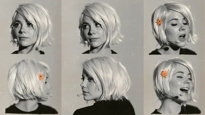 character expression sheet of one young woman, six head-and-shoulders portraits in a grid — neutral, faint smile, singing with open mouth, eyes closed, looking over shoulder, laughing — a sharp platinum-white…