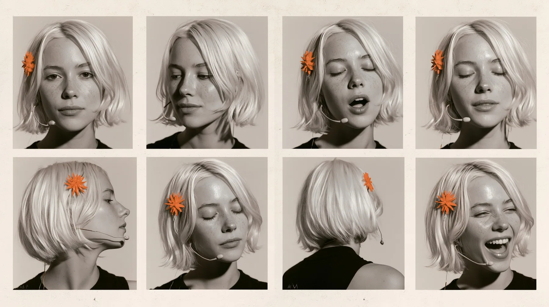 character expression sheet of one young woman, six head-and-shoulders portraits in a grid — neutral, faint smile, singing with open mouth, eyes closed, looking over shoulder, laughing — a sharp platinum-white…