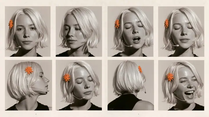 character expression sheet of one young woman, six head-and-shoulders portraits in a grid — neutral, faint smile, singing with open mouth, eyes closed, looking over shoulder, laughing — a sharp platinum-white…