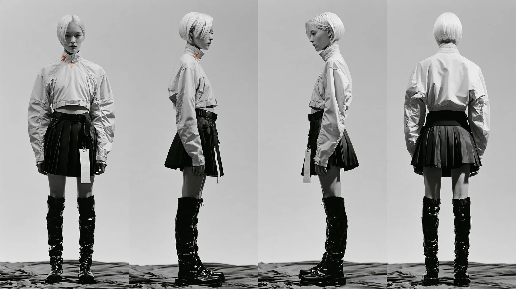 fashion lookbook turnaround sheet of one young woman, the same model shown four times — front, three-quarter, side, back — a sharp platinum-white asymmetric bob, calm curious expression, wearing a technical cropped…