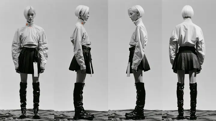 fashion lookbook turnaround sheet of one young woman, the same model shown four times — front, three-quarter, side, back — a sharp platinum-white asymmetric bob, calm curious expression, wearing a technical cropped…
