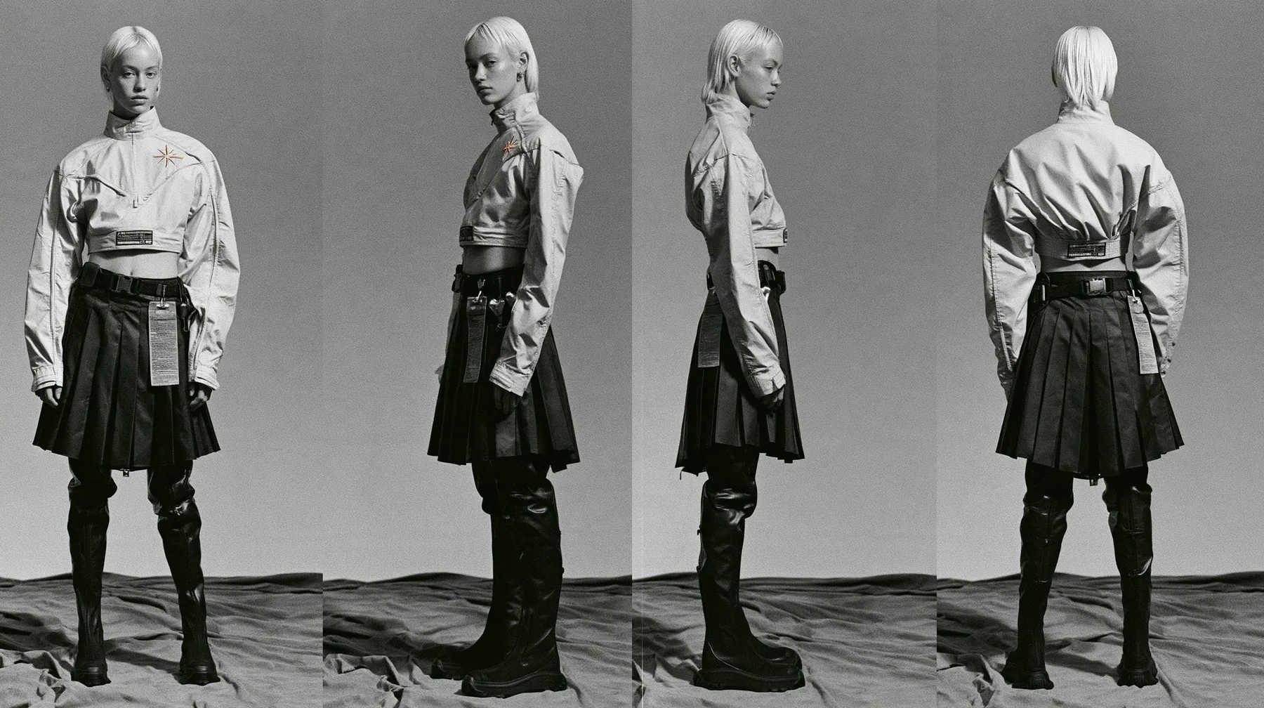 fashion lookbook turnaround sheet of one young woman, the same model shown four times — front, three-quarter, side, back — a sharp platinum-white asymmetric bob, calm curious expression, wearing a technical cropped…