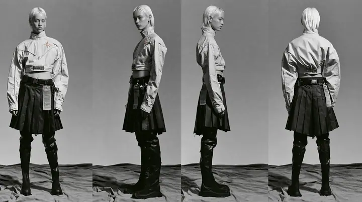 fashion lookbook turnaround sheet of one young woman, the same model shown four times — front, three-quarter, side, back — a sharp platinum-white asymmetric bob, calm curious expression, wearing a technical cropped…