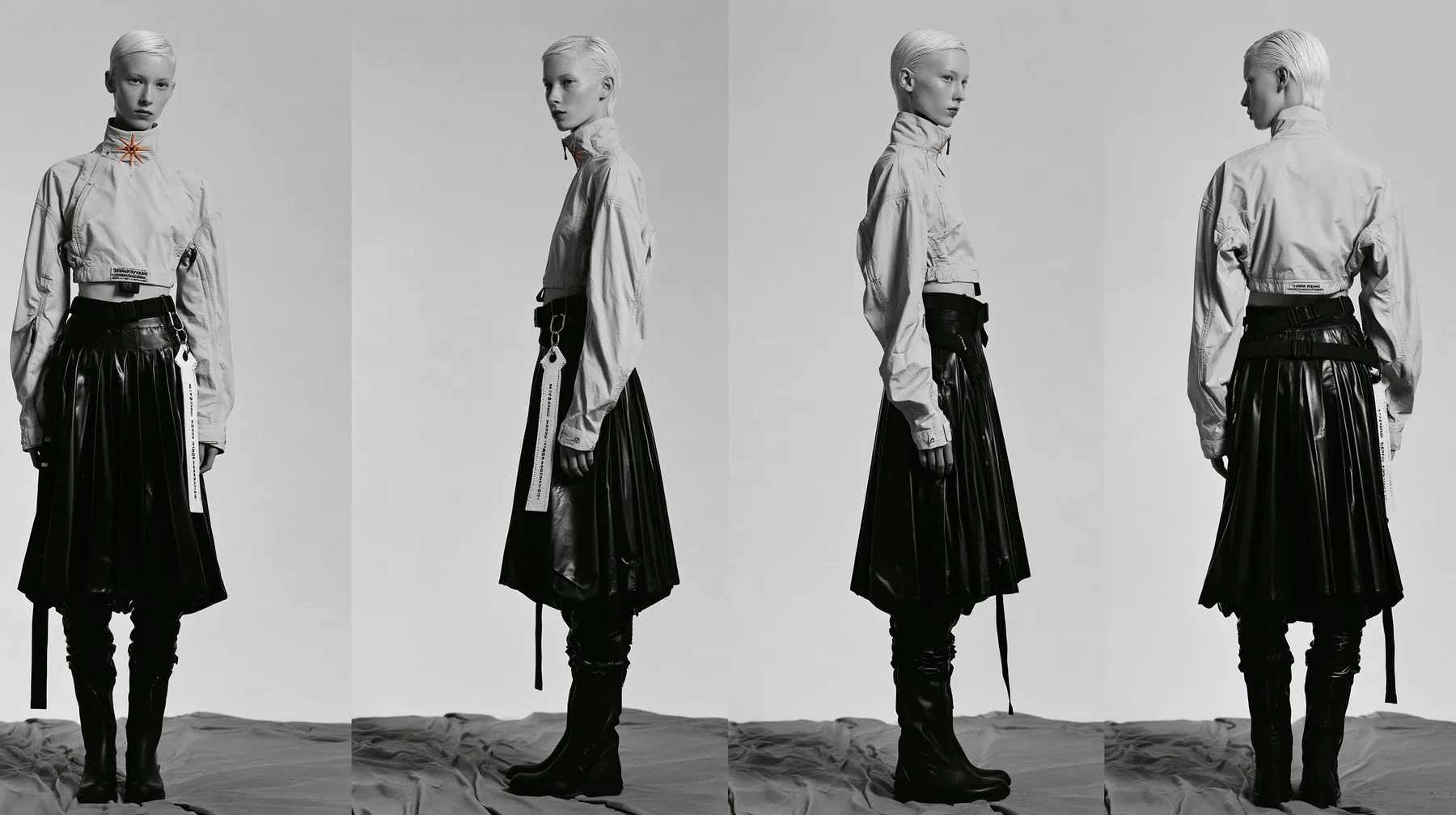 fashion lookbook turnaround sheet of one young woman, the same model shown four times — front, three-quarter, side, back — a sharp platinum-white asymmetric bob, calm curious expression, wearing a technical cropped…