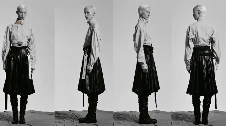 fashion lookbook turnaround sheet of one young woman, the same model shown four times — front, three-quarter, side, back — a sharp platinum-white asymmetric bob, calm curious expression, wearing a technical cropped…