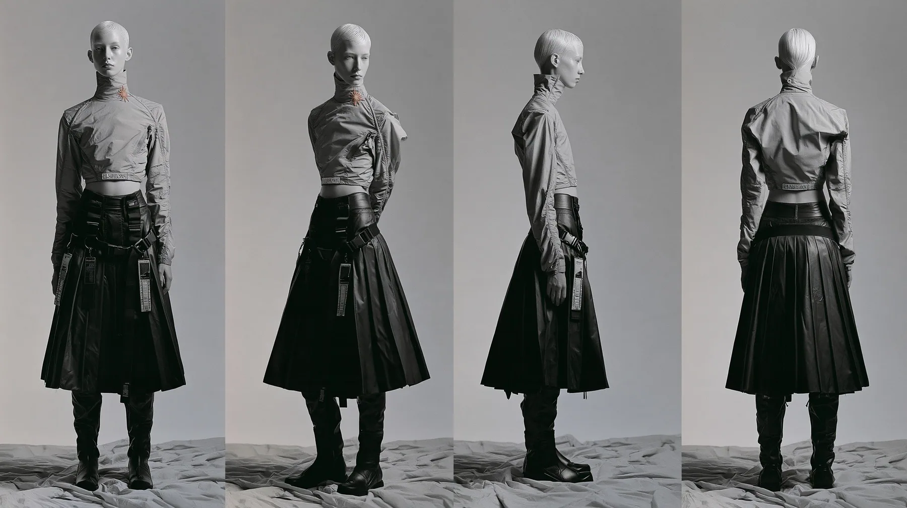 fashion lookbook turnaround sheet of one young woman, the same model shown four times — front, three-quarter, side, back — a sharp platinum-white asymmetric bob, calm curious expression, wearing a technical cropped…