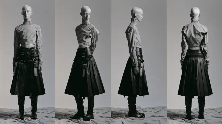 fashion lookbook turnaround sheet of one young woman, the same model shown four times — front, three-quarter, side, back — a sharp platinum-white asymmetric bob, calm curious expression, wearing a technical cropped…
