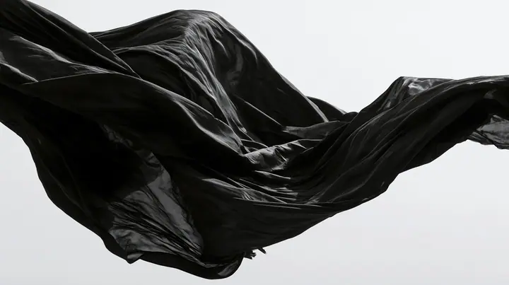 black technical nylon fabric rippling violently in wind against white, dramatic folds, high-contrast monochrome studio photograph, fine grain, no text, no letters, no logos, no watermark