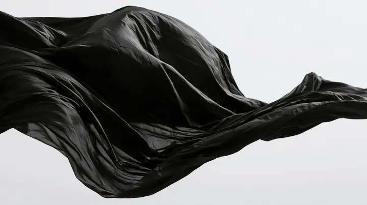 black technical nylon fabric rippling violently in wind against white, dramatic folds, high-contrast monochrome studio photograph, fine grain, no text, no letters, no logos, no watermark
