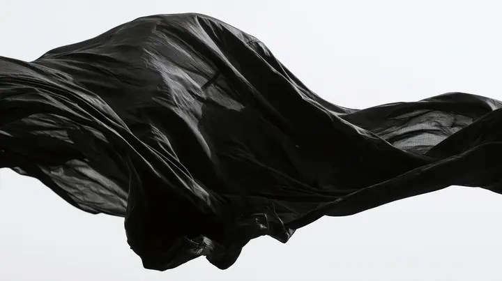 black technical nylon fabric rippling violently in wind against white, dramatic folds, high-contrast monochrome studio photograph, fine grain, no text, no letters, no logos, no watermark