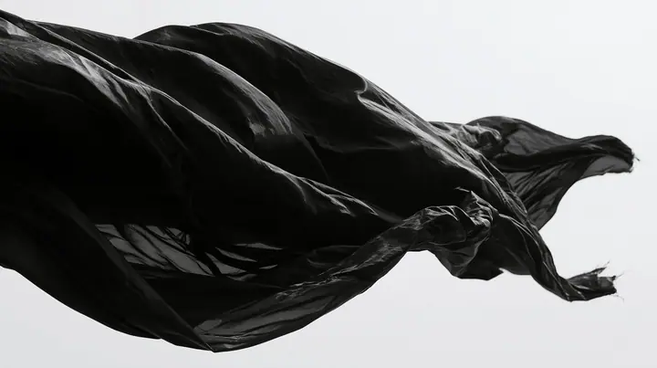 black technical nylon fabric rippling violently in wind against white, dramatic folds, high-contrast monochrome studio photograph, fine grain, no text, no letters, no logos, no watermark