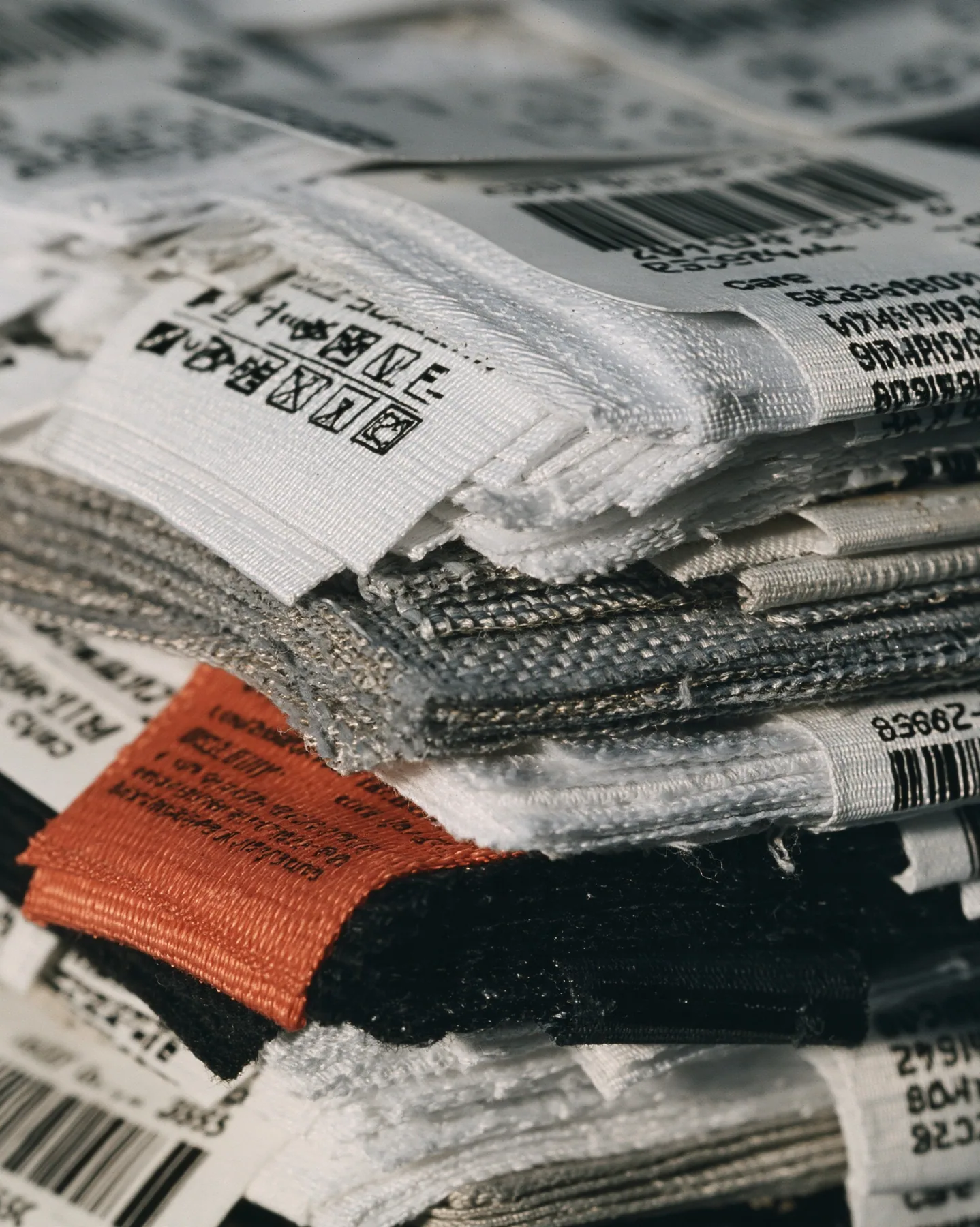 macro photograph of a stack of woven garment tags and care labels in white, grey and black with one clay-orange tag, tiny care symbols and serial codes, soft light, shallow focus, monochrome except one tag, no…