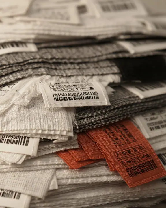 macro photograph of a stack of woven garment tags and care labels in white, grey and black with one clay-orange tag, tiny care symbols and serial codes, soft light, shallow focus, monochrome except one tag, no…