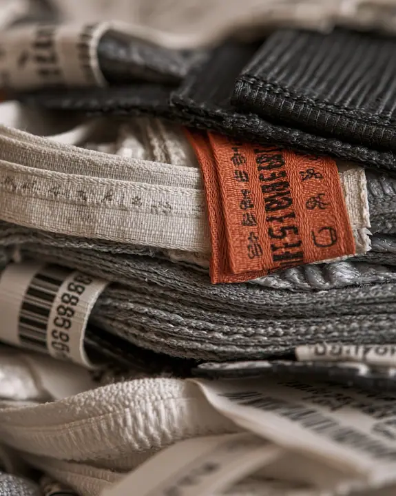 macro photograph of a stack of woven garment tags and care labels in white, grey and black with one clay-orange tag, tiny care symbols and serial codes, soft light, shallow focus, monochrome except one tag, no…