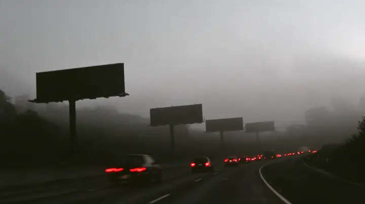 the 101 freeway into San Francisco at dawn in thick fog, a line of huge blank billboards on steel poles fading into the mist, red tail lights of cars in a long slow stream, monochrome photograph with the tail lights…