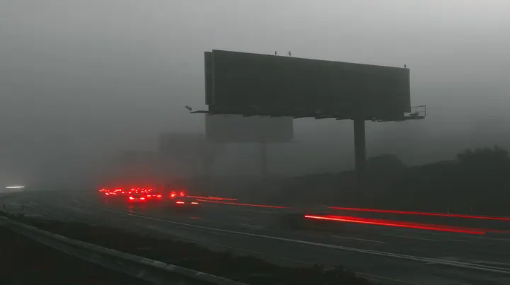 the 101 freeway into San Francisco at dawn in thick fog, a line of huge blank billboards on steel poles fading into the mist, red tail lights of cars in a long slow stream, monochrome photograph with the tail lights…