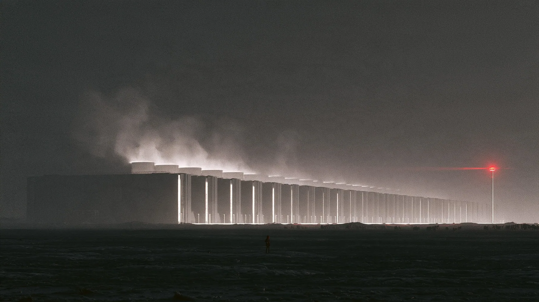 a gigawatt data center campus at night seen from far away across a flat desert, rows of identical grey halls to the horizon, steam plumes from cooling towers glowing under sodium lights, a tiny human figure in the…