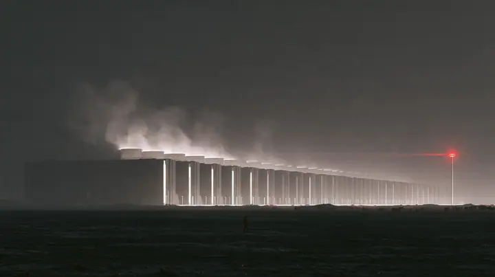 a gigawatt data center campus at night seen from far away across a flat desert, rows of identical grey halls to the horizon, steam plumes from cooling towers glowing under sodium lights, a tiny human figure in the…