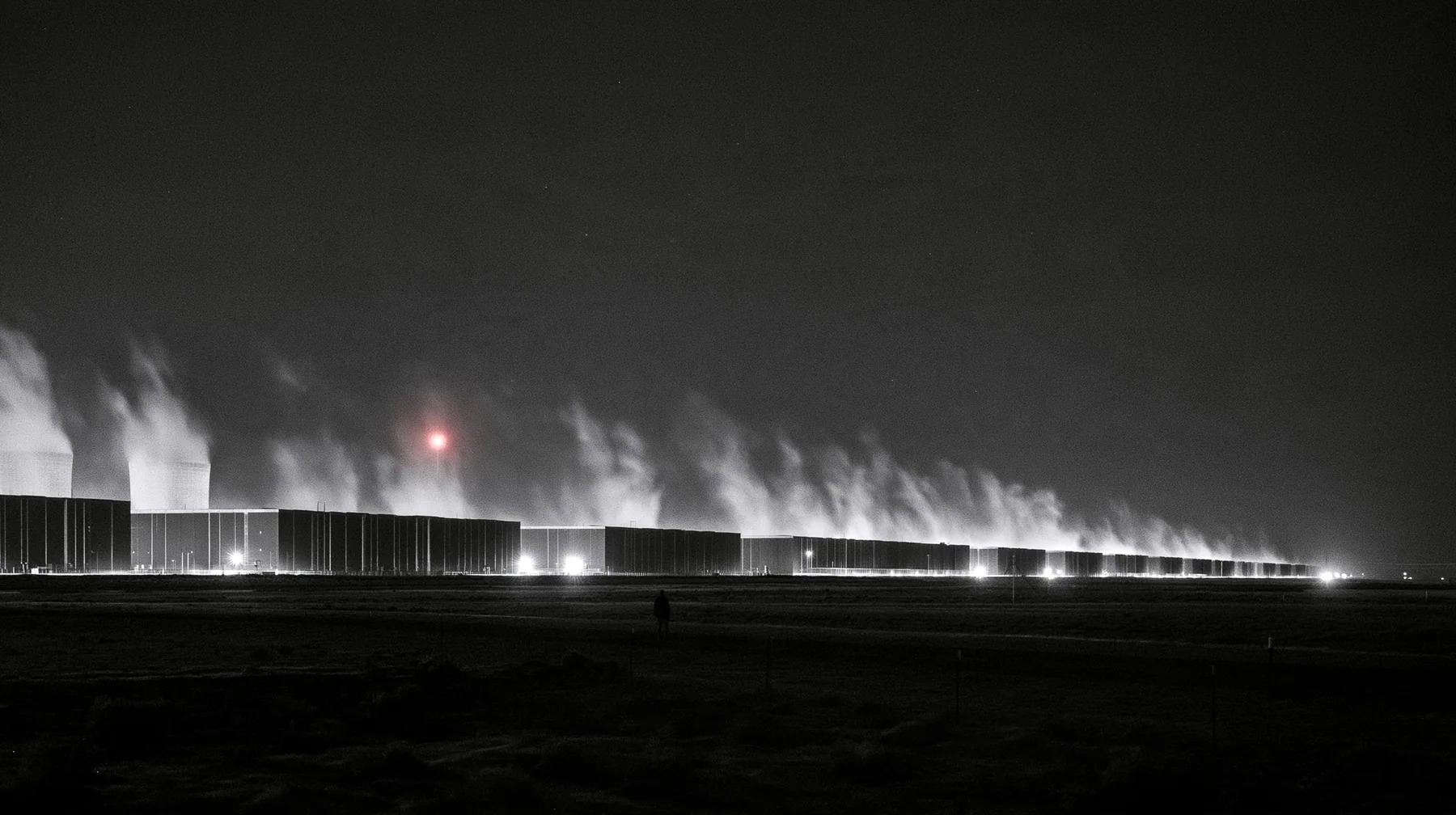 a gigawatt data center campus at night seen from far away across a flat desert, rows of identical grey halls to the horizon, steam plumes from cooling towers glowing under sodium lights, a tiny human figure in the…