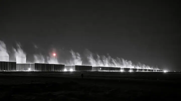 a gigawatt data center campus at night seen from far away across a flat desert, rows of identical grey halls to the horizon, steam plumes from cooling towers glowing under sodium lights, a tiny human figure in the…