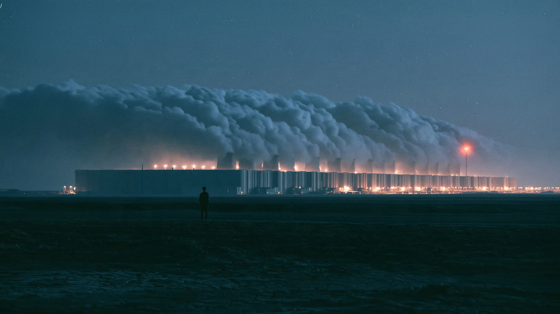 a gigawatt data center campus at night seen from far away across a flat desert, rows of identical grey halls to the horizon, steam plumes from cooling towers glowing under sodium lights, a tiny human figure in the…
