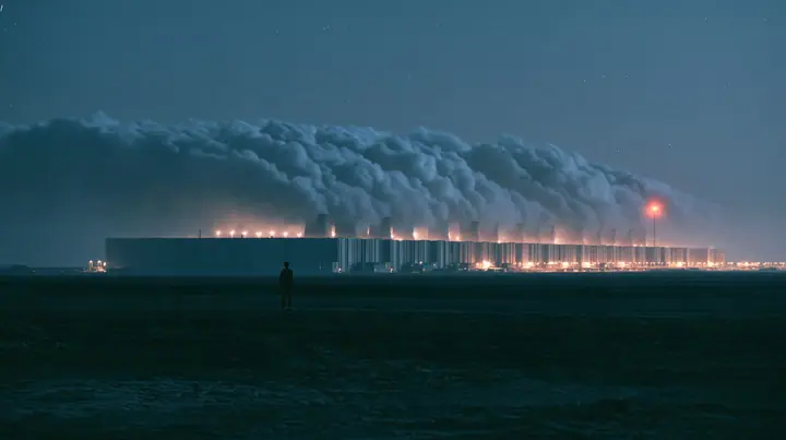 a gigawatt data center campus at night seen from far away across a flat desert, rows of identical grey halls to the horizon, steam plumes from cooling towers glowing under sodium lights, a tiny human figure in the…