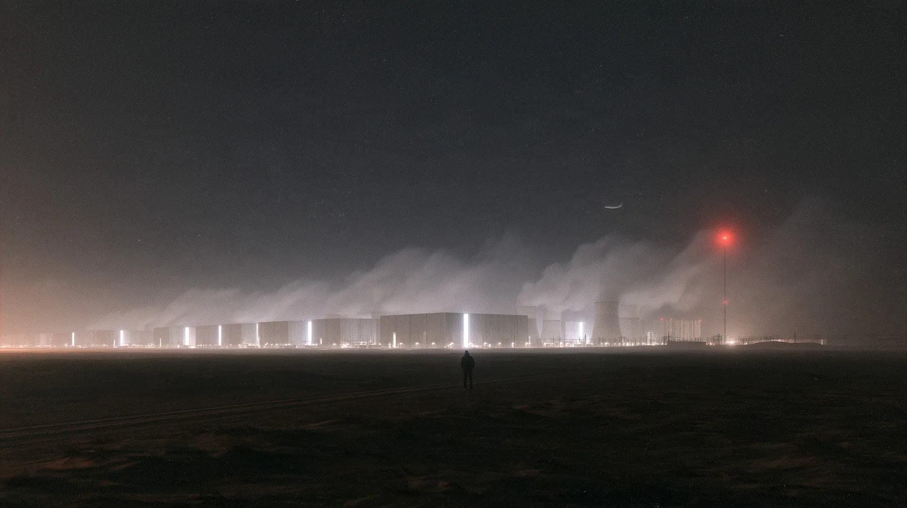 a gigawatt data center campus at night seen from far away across a flat desert, rows of identical grey halls to the horizon, steam plumes from cooling towers glowing under sodium lights, a tiny human figure in the…