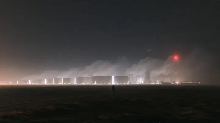 a gigawatt data center campus at night seen from far away across a flat desert, rows of identical grey halls to the horizon, steam plumes from cooling towers glowing under sodium lights, a tiny human figure in the…