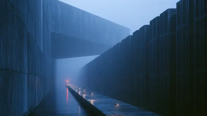 a vast brutalist data hall at blue hour, endless rows of dark server towers receding into fog, a single narrow catwalk of wet concrete down the middle lit by a line of small floor lights, one red status lamp far away…