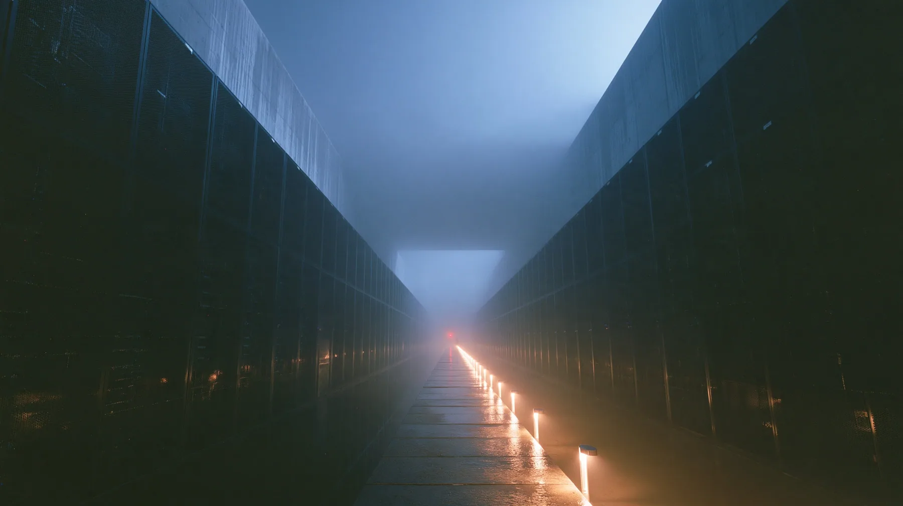 a vast brutalist data hall at blue hour, endless rows of dark server towers receding into fog, a single narrow catwalk of wet concrete down the middle lit by a line of small floor lights, one red status lamp far away…