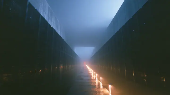 a vast brutalist data hall at blue hour, endless rows of dark server towers receding into fog, a single narrow catwalk of wet concrete down the middle lit by a line of small floor lights, one red status lamp far away…